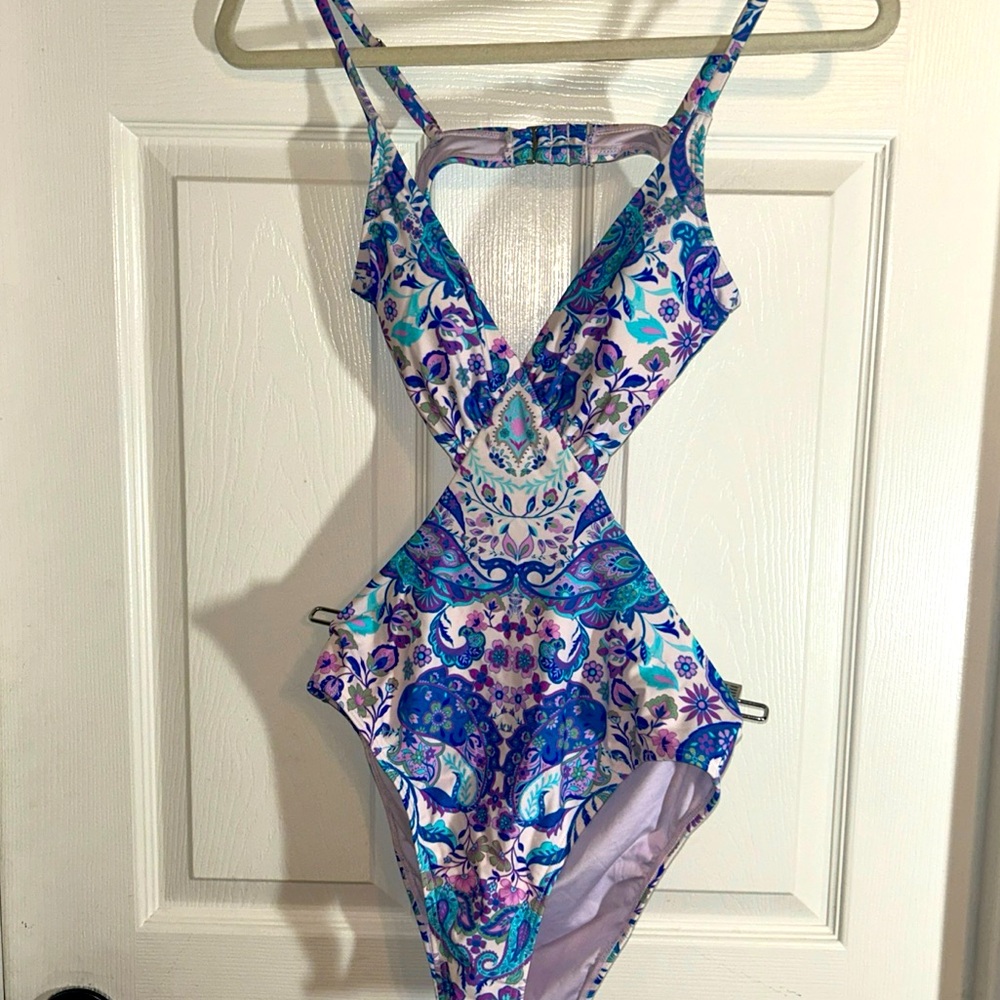 CUPSHEE One Piece Bathing Suit Blue Pailsely  Small Bikini Beach Summer New